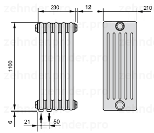 Схема (чертеж) Радиатор Zehnder Charleston 6110/5 №3370 Белый глянцевый RAL 9016